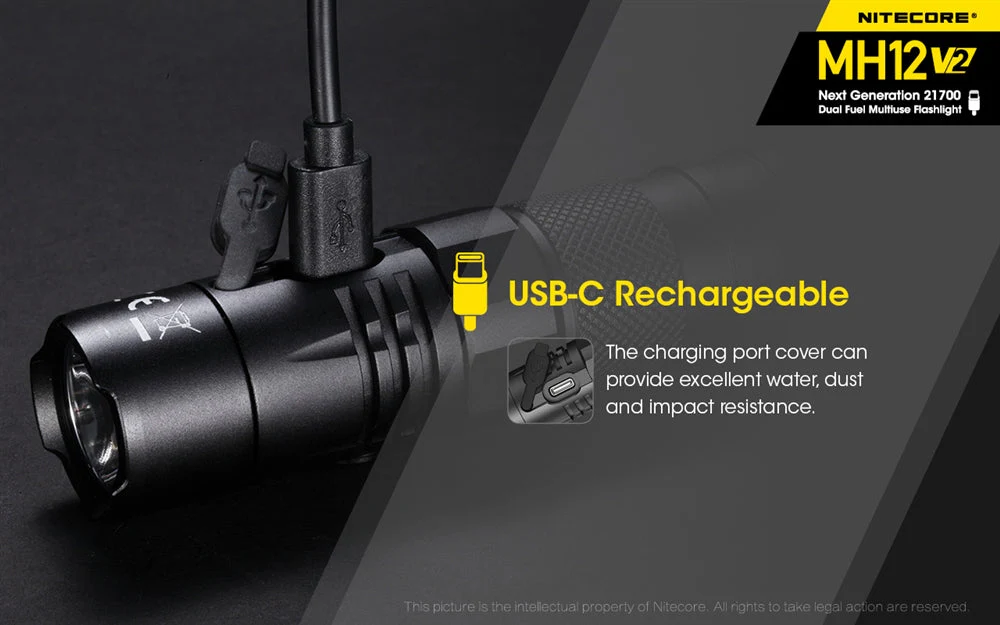 Nitecore MH12 v2 1200 Lumen USB-C Rechargeable Flashlight with 5000mAh Battery - Image 3